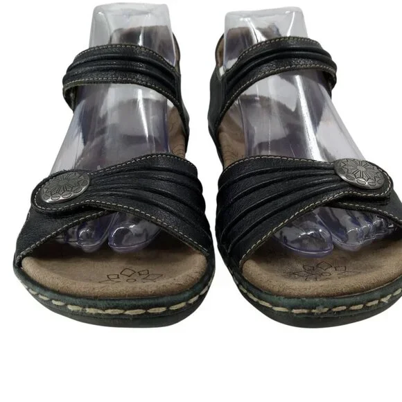 Taos Escape Black Leather Wedge Comfort Sandals Size 40 US 9-9.5 Adjustable - Picture 2 of 14